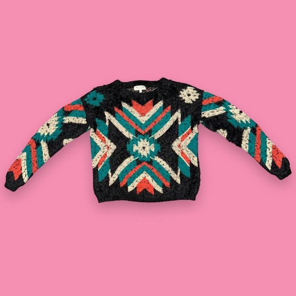 On Fire Aztec Tribal Boho Indie Soft Fuzzy Eyelash Pullover Sweater Size L - Picture 2 of 5
